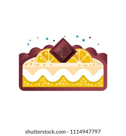 Piece of layered delicious lemon cake with chocolate vector Illustration on a white background