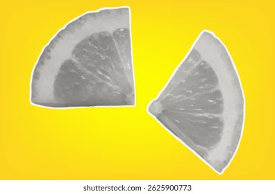 Piece of lemon. Citrus tropical fruit with halftone texture. Sour raw fresh food. Isolated lemon on yellow background for modern art collage design. Vector paper cut element.