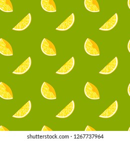 Piece of lemons slice on green background. Vector seamless pattern