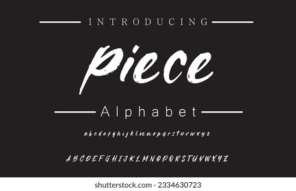 Piece Lettering font isolated on black background. Texture alphabet in street art and graffiti style. Grunge and dirty effect.  Vector brush letters.