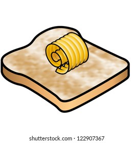 A piece of lightly toasted bread topped with a curl of butter.