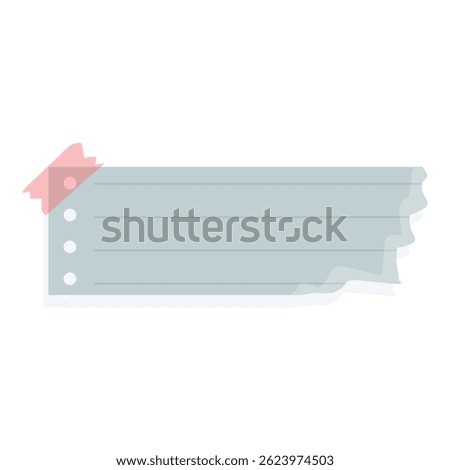 Piece of lined note paper with a torn edge is held up by pink tape