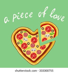 A piece of love. Vector image of a pizza in a heart shape on a mint background