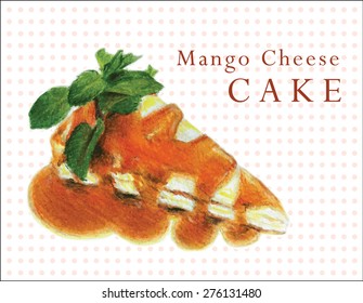 A piece of mango cheese cake. Celebration. Invitation card. Vector illustration.