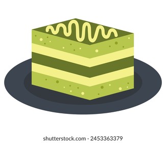 Piece of matcha tea cake. Matcha dessert. Vector illustration.
