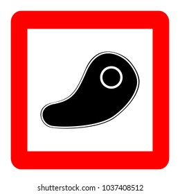 Piece of meat, black on white background, red square sign, vector