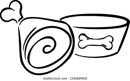 A piece of meat and a bowl with a bone hand draw vector illustration art