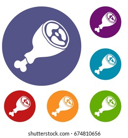 Piece of meat icons set in flat circle reb, blue and green color for web