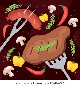 piece of meat and sausage BBQ poster Vector illustration