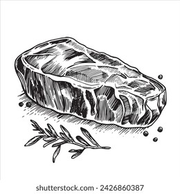 piece of meat, steak. black and white drawing in sketch style, engraving. beef, pork