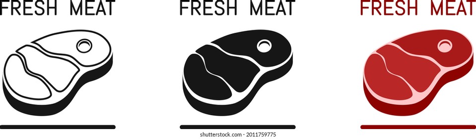 Piece Of Meat Vector Illustration. Linear Style Icon, Black And White Silhouette And Colored Steak Icon. Thick Fatty Piece Of Red Meat, Beef. Isolated On White Background