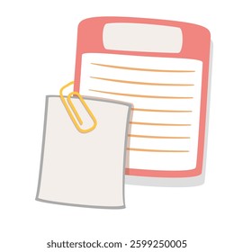 Piece of note paper pinned to cartoon sheet of notepad with clip. Funny blank pages for notes and messages with fastener. Reminder mascot, cartoon cute memo stickers with shadow vector illustration