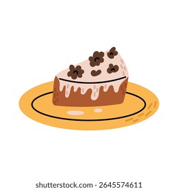 Piece of nuts pie on a plate. Autumn illustration. Flat vector illustration isolated on white background.