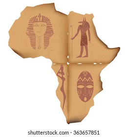 A piece of old, battered charred paper in the shape of Africa, with faded images of the pharaoh masks, Anubis, the silhouette of a girl with a pitcher and masks African tribe