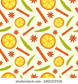 Piece of orange, cinnamon, Christmas tree. Seamless Christmas spice pattern. Citrus, star anise, cinnamon stick. New Year holiday print. Coniferous branch and fruit. Color image. Vector illustration