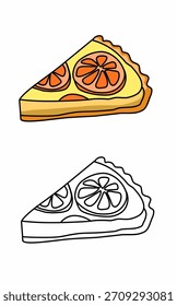 a piece of orange pie with a slice of orange fruit on top coloring page for kids worksheet