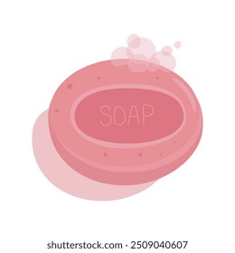 Een stuk ovale roze zeep met zeepschuim. Handgemaakt hygiëneproduct met rozengeur
