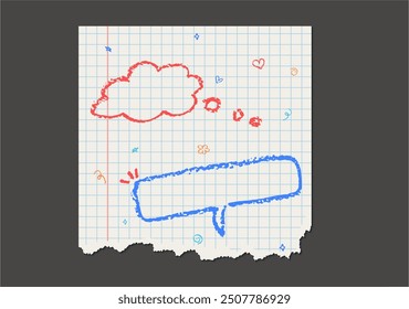 Piece of page with red and blue color speech bubbles. Dialog handwriting doodle text boxes written by wax crayon on jagged white paper with square grid. Part of torn notepad. Vector illustration