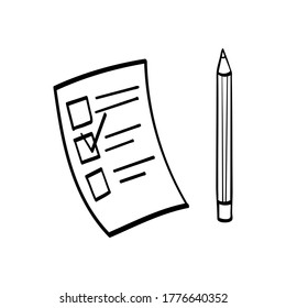 Piece of paper with checkboxes and a pencil. Test form symbol isolated on white background. Vector illustration.