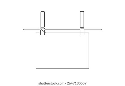 Pedaço de papel pendurado em corda com espinho de pano, um desenho de linha contínua, quadro vazio em estilo de contorno, papéis com clipe de papel contínuo um desenho de linha.