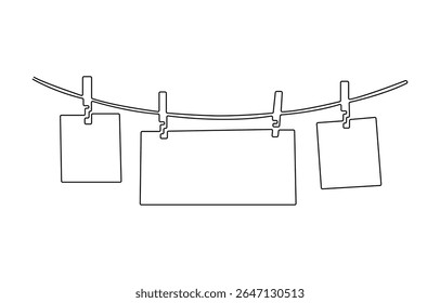 Piece of paper hanging on rope with clothespin, one continuous line drawing, Empty frame in outline style, papers with paper clip continuous one line drawing.