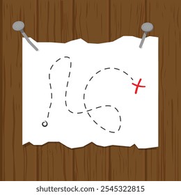 A piece of paper nailed to a wooden surface with two nails. Treasure map with x marking the spot