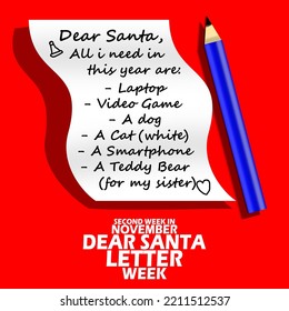 A piece of paper with a note addressed to Santa Claus with a pencil and bold text on a red background to commemorate Dear Santa Letter Week on second week of November