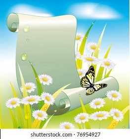 A piece of paper on the background of grass and flying butterfly