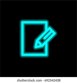 Piece of paper and pencil blue glowing neon ui ux icon. Glowing sign logo vector