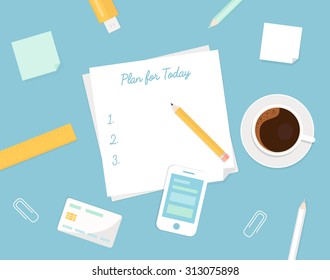 Piece of Paper with Plan Your Day Sign, Morning Coffee Cup and Stationery Objects. Managing Your Day Illustration in Flat Design.