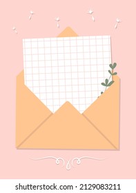 A piece of paper and plant sticks out of the envelope. Note paper on a pink background. Vector illustration, flat style.