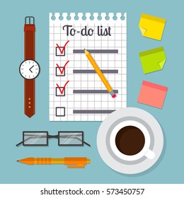Piece of paper with to-do list template, pencil, pen, glasses, wristwatch, post it notes and cup of coffee. EPS10 vector illustration in flat style.