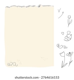 A piece of paper with a torn edge. Vector illustration. Torn paper isolated on a white background. White scraps of paper for scrapbooking, note-taking sheets, or notebook fragments