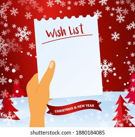Piece of paper with wish list on winter background. Template Wish list for new year. Woman hand in suit holds piece of paper. Vector illustration in flat style.