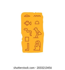Piece of papyrus with ancient Egyptian hieroglyphs, flat vector illustration isolated on white background. Ancient old manuscript with Egyptian script.