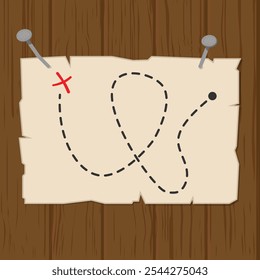 A piece of parchment paper nailed to a wooden surface with two nails. Treasure map with x marking the spot
