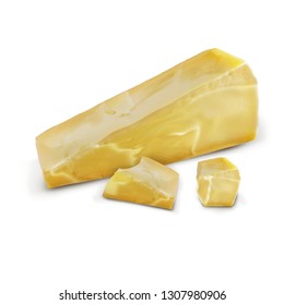 A piece of parmesan cheese. 3d realistic vector illustration isolated on white background.