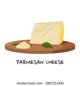 Piece of Parmesan cheese and a small pile of grated cheese on a wooden tray. Realistic vector illustration.