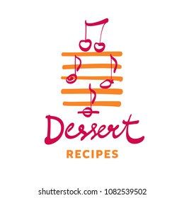 Piece of party pie. Concept template logo for confectionery, bakery, candy shop. Cake decorated with cherry. Dessert recipe. Concept music note in sweet cuisine. 
