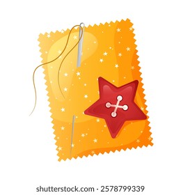 Piece or patchwork of yellow fabric with a star-shaped button and a sewing needle. Elements for sewing and needlework. Vector illustration on transparent background. 