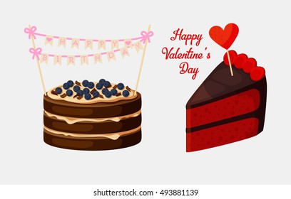 Piece of pie or biscuit or cake with bilberry. Pastry or bakery with stick and heart on it saying happy valentines day, happy birthday celebration with flags. For celebration logo or gift emblem