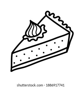 Pieza de ilustración de vector de mano libre circular, contorno negro en blanco. Imagen simple dibujada a mano de un trozo triangular de pastel de crema
