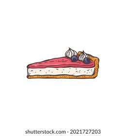 Piece of pie or open cake in hand drawn style, sketch vector illustration isolated on white background. Sweet dessert color icon in engraving style for bakery or cafe.
