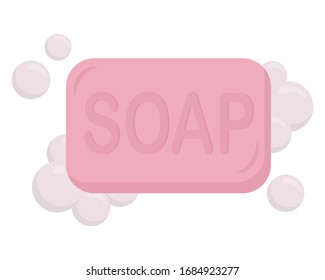 A piece of pink soap and bubbles. Vector illustration in a flat style isolated on white background. Good hygiene, hand washing.