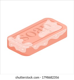 A piece of pink soap with foam in the isometry is isolated on a white background. Soap with an inscription in a flat style. Means for personal hygiene and hand protection during a pandemic.