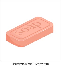 Una pieza de jabón rosa en una isometría está aislada en un fondo blanco. Jabón con inscripción en un estilo plano. Una herramienta para la higiene personal y la protección de las manos durante la pandemia.