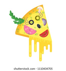 Piece of pizza cheerful character. Flat vector cartoon illustration. Objects isolated on a white background.