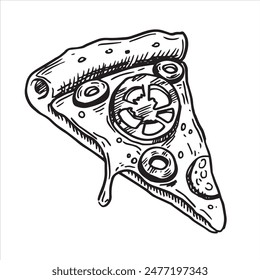 piece of pizza, drawing in sketch style. black and white graphics, engraving