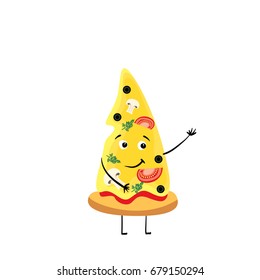 A piece of pizza with a funny muzzle. Smile and emotions. Vector illustration.