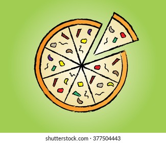 a piece of pizza in gradient green background
